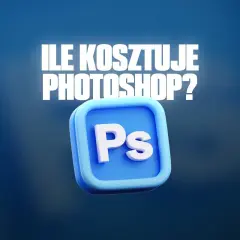 Ile kosztuje Photoshop? Ikona programu graficznego na niebieskim tle.