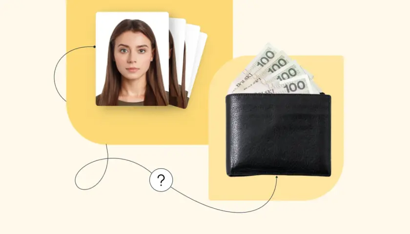 Zastanawiasz się, ile kosztuje zdjęcie do dowodu u fotografa? Na zdjęciu widać stos banknotów 100 zł w portfelu i zdjęcie kobiety.
