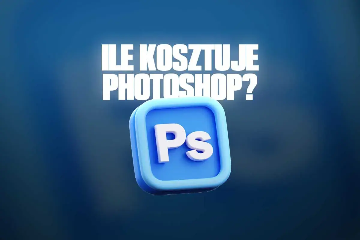 Ile kosztuje Photoshop? Ikona programu graficznego na niebieskim tle.