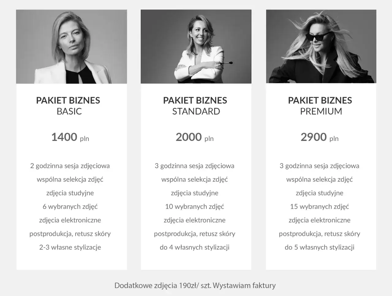 Cennik portretów biznesowych: Basic 1400 zł, Standard 2000 zł, Premium 2900 zł. Dowiedz się, ile kosztuje portret u fotografa.