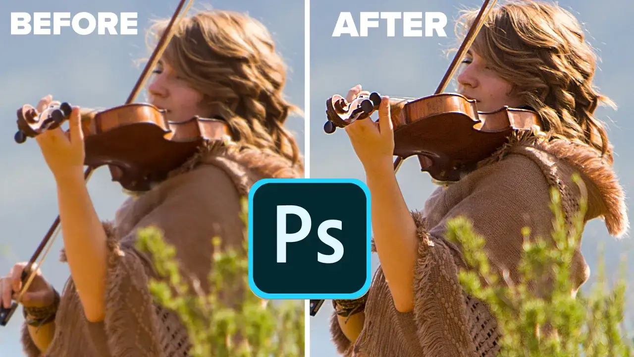 Porównanie zdjęć: jak wyostrzyć zdjęcie w Photoshopie. Po lewej rozmyty obraz dziewczyny grającej na skrzypcach, po prawej ten sam kadr po obróbce.