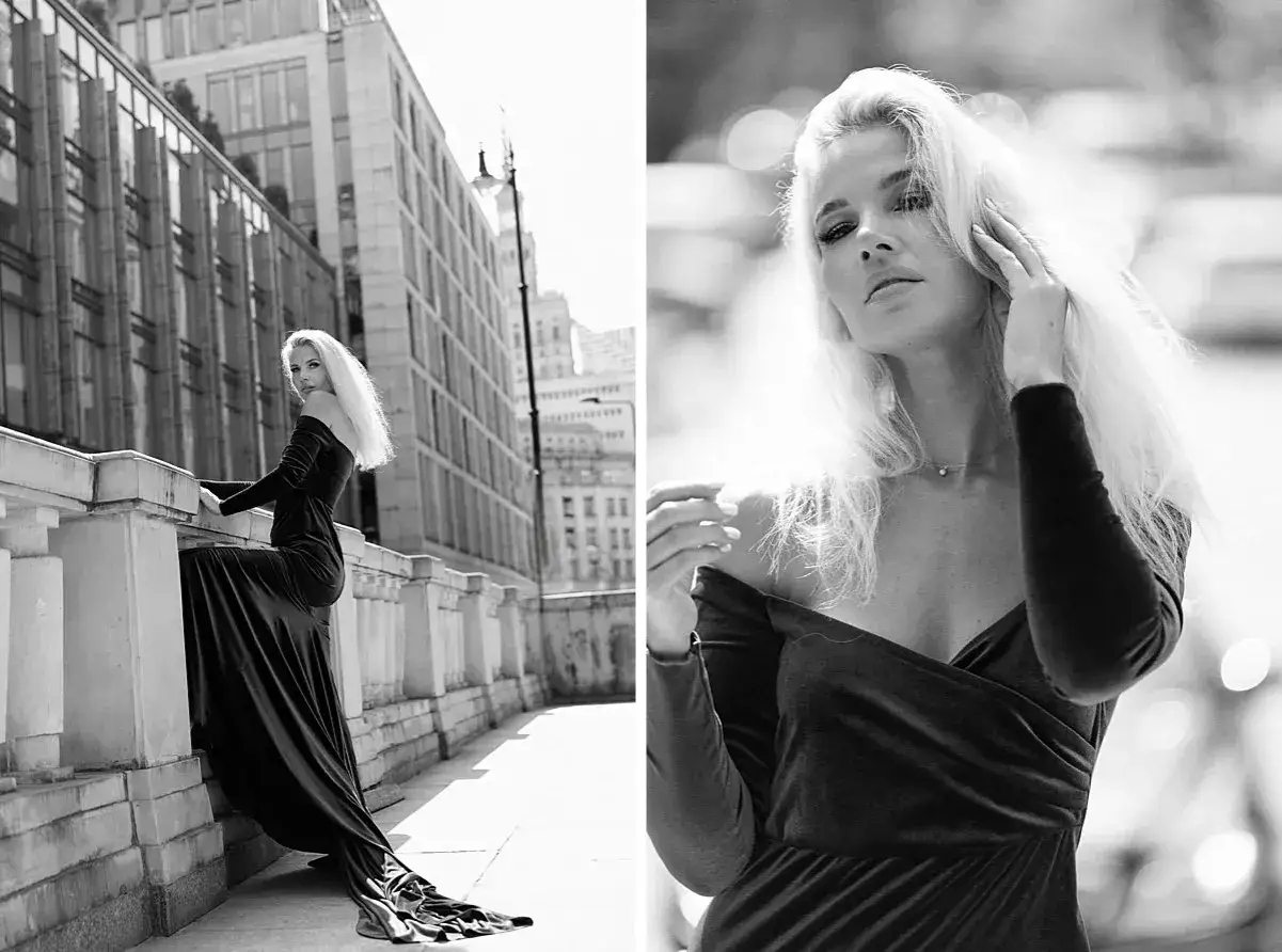 Elegancka kobieta w długiej sukni pozuje na tle miejskiej architektury. Zastanawiasz się, ile kosztuje portret u fotografa?